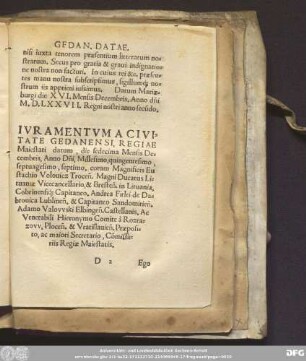 Iuramentum A Civitate Gedanensi, Regiae Maiestati datum, die sedecima Mensis Decembris, Anno D[omi]ni, Millesimo, quingentesimo, septuagesimo, septimo ...