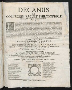 Decanus Et Collegium Facult. Philosophicae In Perantiqua Eberhardina, L. S.