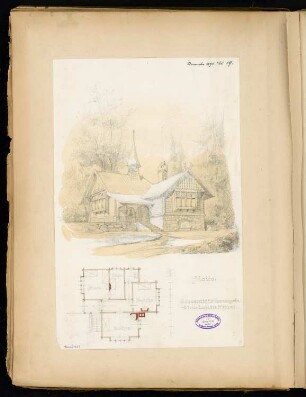 Pirschhaus Monatskonkurrenz November 1890: Grundriss Erdgeschoss, perspektivische Ansicht; Maßstabsleiste