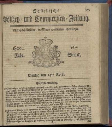 16tes Stueck, Montag den 14ten April 1800