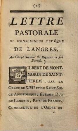 Lettre pastorale de monseigneur l'évêque de Langres, au clergé séculier et régulier de son diocése