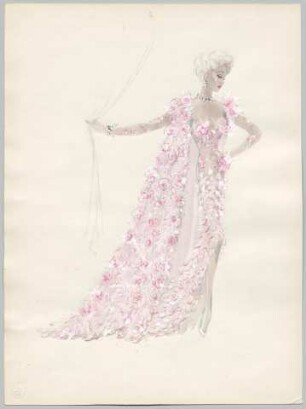 Ein Showkleid ("Blumenkleid") mit Blütenapplikation, Beinschlitz, Schleppe und ärmellosem Mantel (Archivtitel)