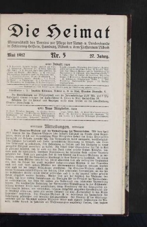 Mai 1917, Jahrgang 27, Nr. 5 : Monatsschrift des Vereins zur Pflege der natur- und Landeskunde in Schleswig-Holstein, hamburg, Lübeck und dem Fürstentum Lübeck.