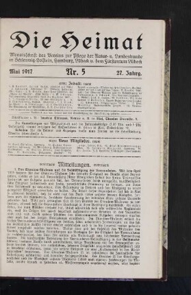 Mai 1917, Jahrgang 27, Nr. 5 : Monatsschrift des Vereins zur Pflege der natur- und Landeskunde in Schleswig-Holstein, hamburg, Lübeck und dem Fürstentum Lübeck.