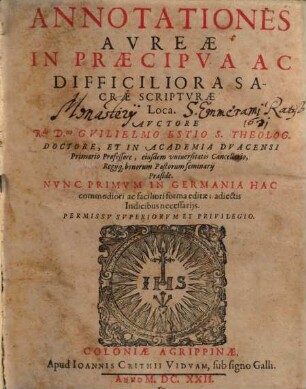 Annotationes Avreae In Praecipva Ac Difficiliora Sacrae Scriptvrae Loca