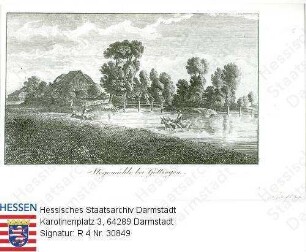 Göttingen, Stegemühle bei Göttingen / Ansicht mit Bildlegende / Widmungsblatt von A. Graf v. Kinsky, Burschenschafter Univ. Göttingen, für Heinrich Freiherr v. Gagern (1799-1880)