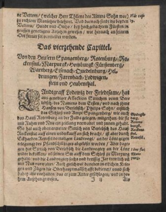 Das vierzehende Capittel. Von den Heusern Spangenberg/ Rotenburg/ Rockenstul/ Marpurgk ...