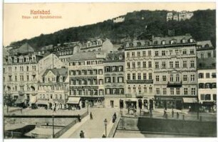 Karlsbad. Kreuzgasse und Sprudelstraße : Karlsbad. Kreuzgasse und Sprudelstraße mit Haus Drei Lilien, Hotel Grüner Baum und Haus Stockholm