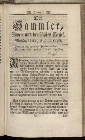 Zwey und dreißigstes Stück. Montags den 13. August 1736.