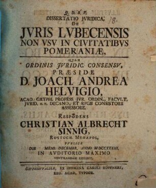 Dissertatio juridica de juris Lubecensis non vsv in civitatibvs Pomeraniae