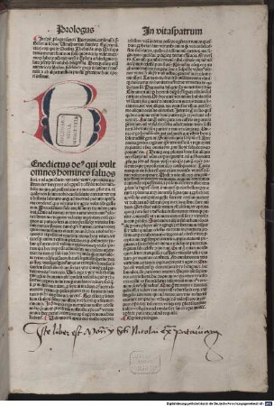 Incipit p[ro]logus sancti Hieronimi cardinalis. p[re]sbiteri: in libros Uitaspatrum sancto[rum] Egiptioru[m]. etia[m] eo[rum] qui in Scithia Thebaida. atq[ue] Mesopotamia morati sunt ...