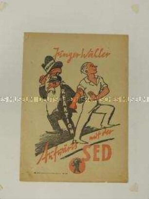 Druckgrafik der SED zu den Wahlen 1946 mit einer Karikatur auf die "Reaktion"