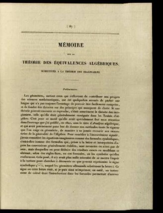 Mémoire sur la Théorie des équivalences algébriques.