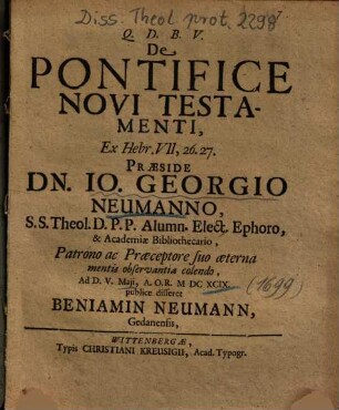 De Pontifice Novi Testamenti, ex Hebr. VII, 26. 27.