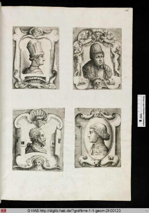 unten rechts: Verzierte Kartusche mit Porträt.