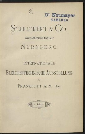 Schuckert & Co., Kommanditgesellschaft, Nürnberg, Internationale Elektrotechnische Ausstellung zu Frankfurt a.M. 1891