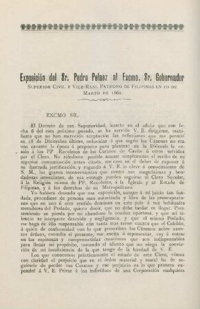 Exposición del Sr. Pelaez al Excmo. Sr. Gobernador ...