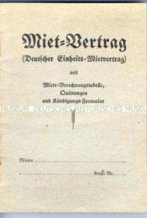Vordruck eines Miet-Vertrag (Deutscher Einheits-Mietvertrag) mit Mietpreisberechnungstabellen, Quittungen und Kündigungsformular (blanko)