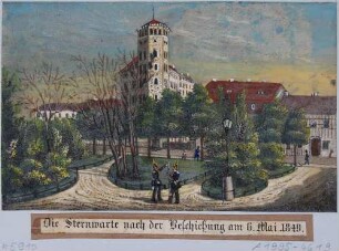 Maiaufstand 1849 in Dresden, das Turmhaus (Webers Hotel) am Postplatz nach dem Aufstand am 6. Mai