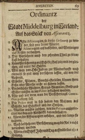 Ordinantz der Stadt Middelburg in Seeland: Auf das Stück von Asseurantz