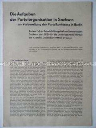 Entschließungsentwurf des SED-Landesvorstandes Sachsen für die Landesparteikonferenz 1948