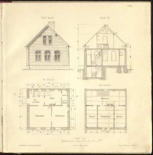 Tafel II: Beispiel eines Arbeiterwohnhauses, Ansicht, Schnitt, Grundriss