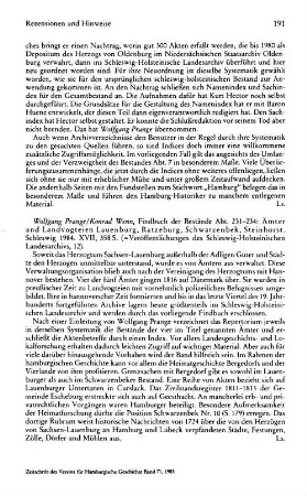 Prange, Wolfgang ; Wenn, Konrad :: Ämter und Landvogteien Lauenburg, Ratzeburg, Schwarzenbek, Steinhorst : Findbuch der Bestände Abt. 231-234, (Veröffentlichungen des Schleswig-Holsteinischen Landesarchivs, 12) : Schleswig, 1984