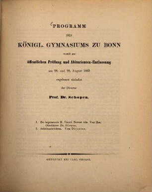 Programm des Königlichen Gymnasiums zu Bonn : Schuljahr .... 1864/65