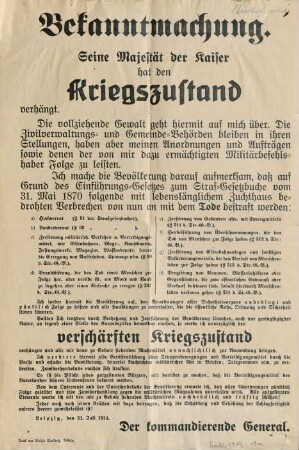 Bekanntmachung. Seine Majestät der Kaiser hat den Kriegszustand verhängt.