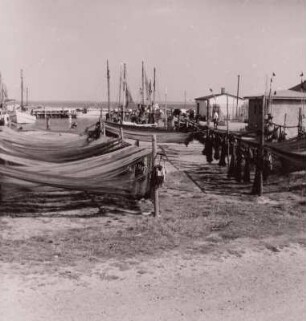 Hafen mit Fischkuttern und Trockengestellen : Hiddensee-Vitte. Hafen mit Fischkuttern und Trockengestellen