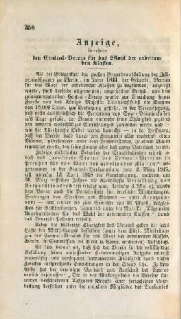 Anzeige, betreffend den Central-Verein für das Wohl der arbeitenden Klassen.