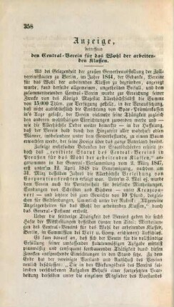 Anzeige, betreffend den Central-Verein für das Wohl der arbeitenden Klassen.