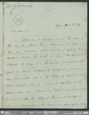 Eigenh. Brief von Horace H. Wilson an August Wilhelm von Schlegel, 01.04.1834