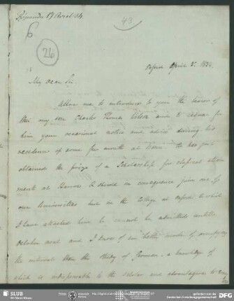 Eigenh. Brief von Horace H. Wilson an August Wilhelm von Schlegel, 01.04.1834