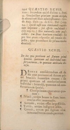 Quaestio XCVII. De his quae pertinent ad statum primi hominis quantum ad individui conservationem, in quatuor articulos divisa.