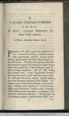 I. C. Plinii. Caecilii Iunioris L. III. Ep. V. De libris, vitaeque studiorum ratione Plinii maioris
