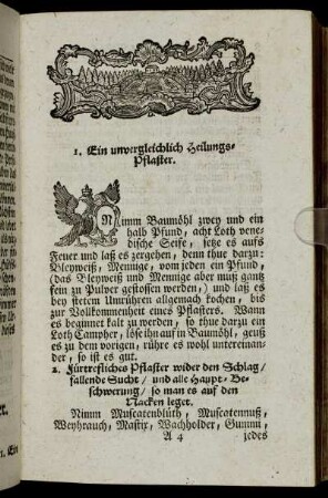 1. Ein unvergleichlich Heilungs-Pflaster. - 76. Für den Husten ein nützlicher Tranck.