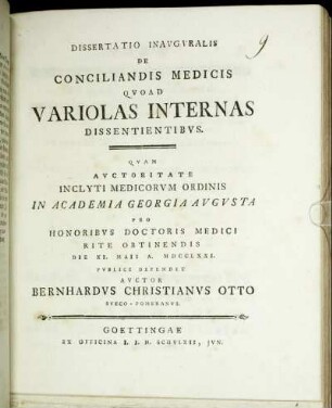 Dissertatio Inavgvralis De Conciliandis Medicis Qvoad Variolas Internas Dissentientibvs