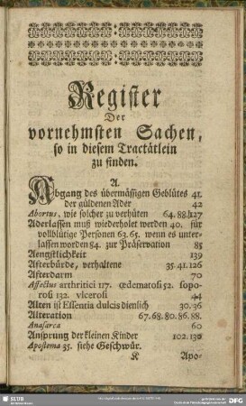 Register Der vornehmsten Sachen, so in diesem Tractätlein zu finden