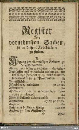 Register Der vornehmsten Sachen, so in diesem Tractätlein zu finden