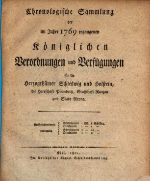 Chronologische Sammlung der im Jahre ... ergangenen Gesetze, Verordnungen und Verfügungen für die Herzogthümer Schleswig-Holstein. 1769