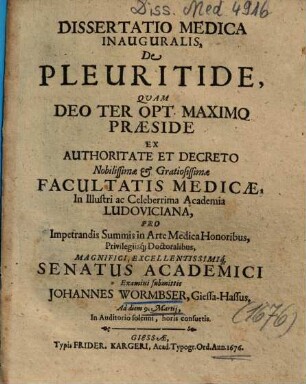 Dissertatio Medica Inauguralis, De Pleuritide