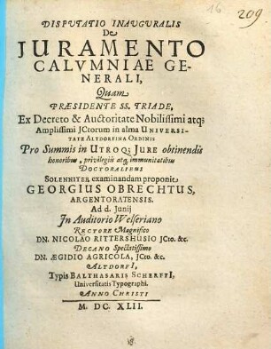 Disputatio Inauguralis De Juramento Calvmniae Generali