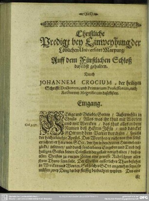 Christliche Predigt bey Einweyhung der Löblichen Universitet Marpurg, Auff dem Fürstlichen Schloß daselbst gehalten