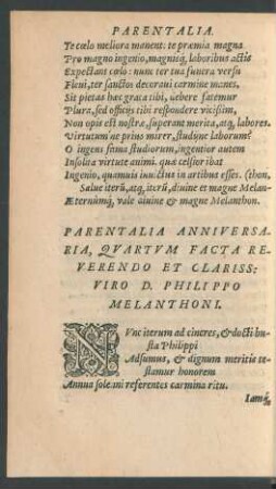 Parentalia Anniversaria, Quartum Facta ... D. Philippo Melanthoni.