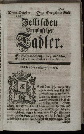 Den 2. October 1741. Das Dreizehnte Stük.