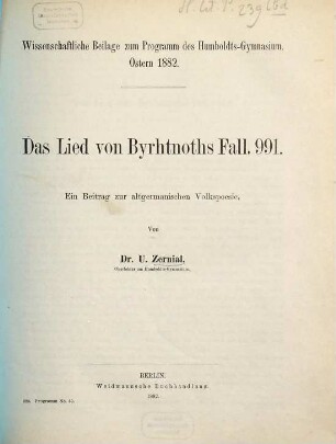 Das Lied von Byrhtnoths Fall : 991 : ein Beitrag zur altgermanischen Volkspoesie