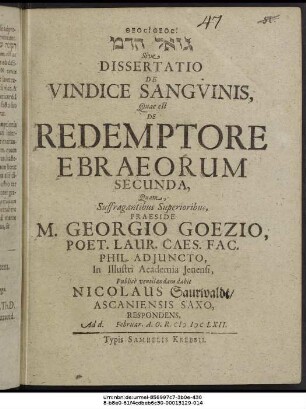 [...] Sive Dissertatio De Vindice Sanguinis, Quae est De Redemptore Ebraeorum Secunda