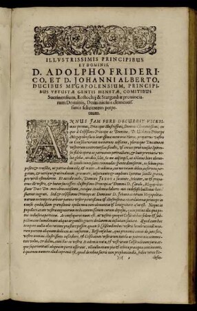 Illustrissimis Pricipibus Et Dominis. D. Adolpho Friderico, Et D. Johanni Alberto, Ducibus Megapolensium, [...]