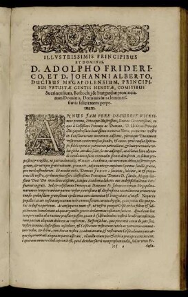 Illustrissimis Pricipibus Et Dominis. D. Adolpho Friderico, Et D. Johanni Alberto, Ducibus Megapolensium, [...]